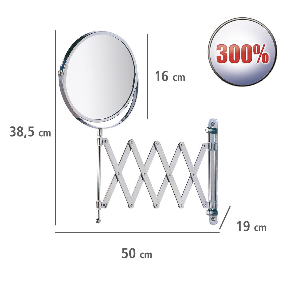 WAND-KOSMETIKSPIEGEL mit Teleskoparm 90/19/38,5 cm - Silberfarben, Metall (19/38.5/90cm) - Wenko