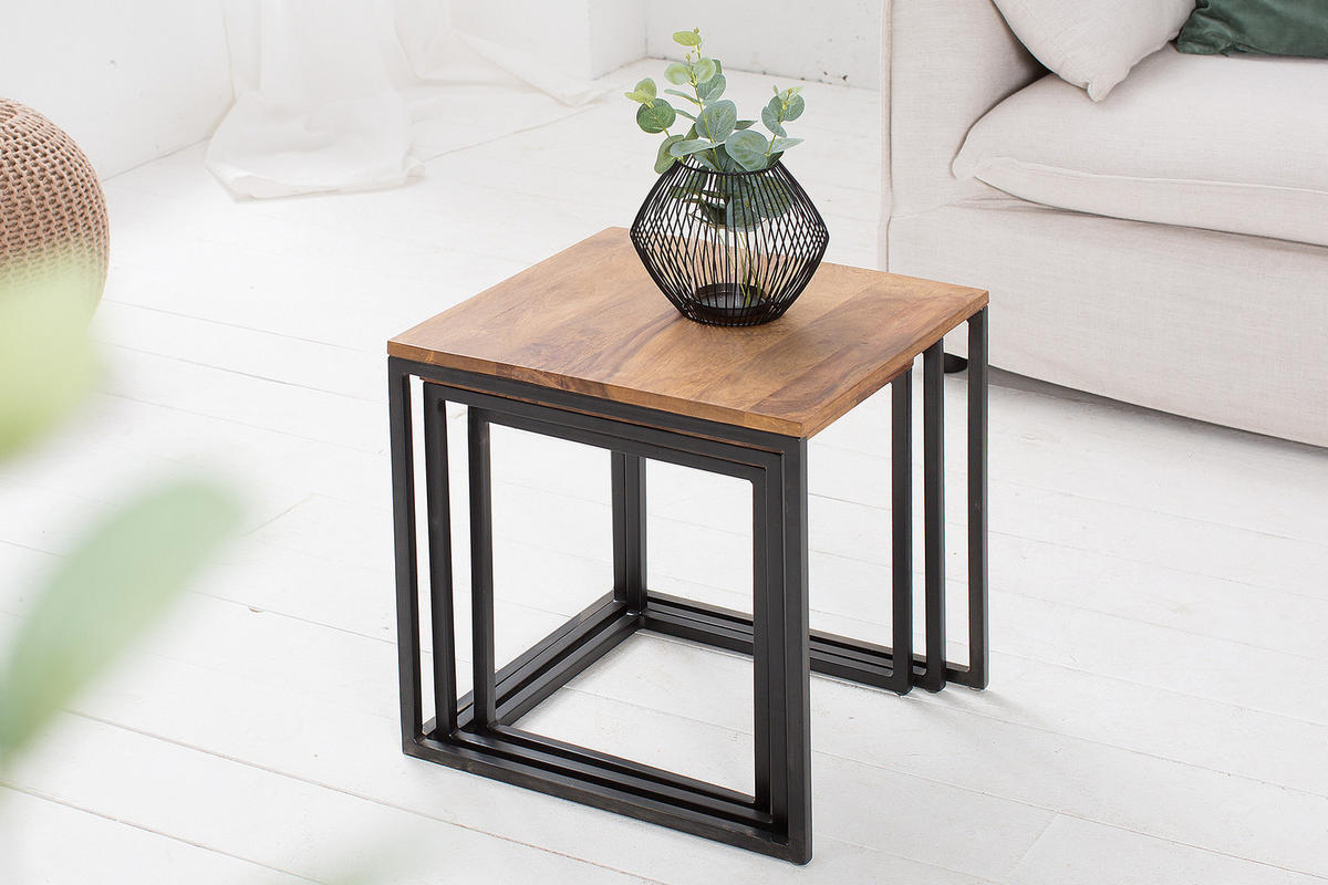 BEISTELLTISCH ELEMENTS Sheesham Natur 40 cm 3er Set - Schwarz/Naturfarben, Holz/Metall (40/40/42cm) - riess-ambiente