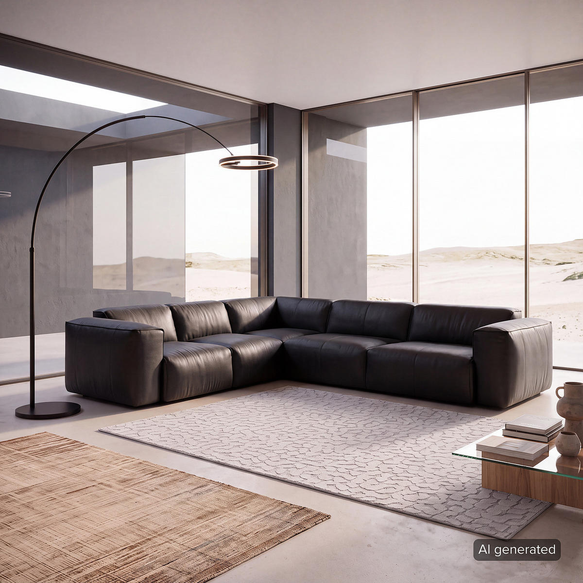 ECKSOFA mit Rundecke - Schwarz, Leder/Kunststoff (325/260cm) - home24