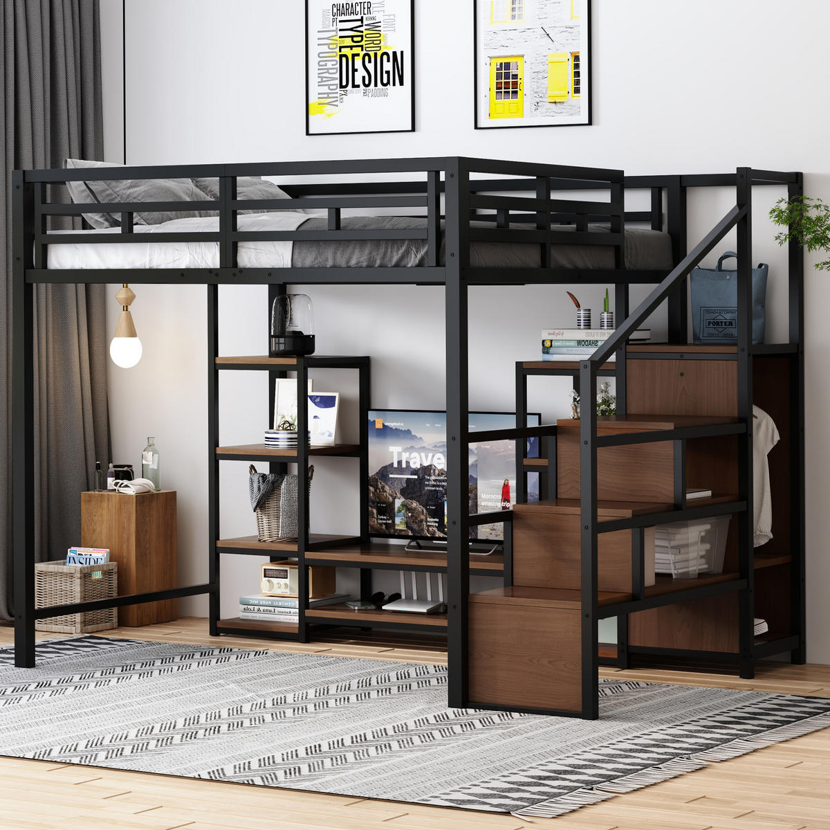 HOCHBETT Metall/MDF 140x200 cm Schwarz mit TV-Ständer, Steckdose und Aufbewahrungsleiter - Schwarz, Metall (140/200cm) - Modfu