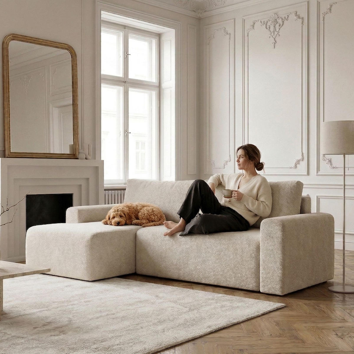 ECKSOFA MILO LARGE mit Schlaffunktion, Bettkasten und Cordbezug, Links - VIBE 86 - Grau, Holz (270/142cm) - Dekori_Interiors