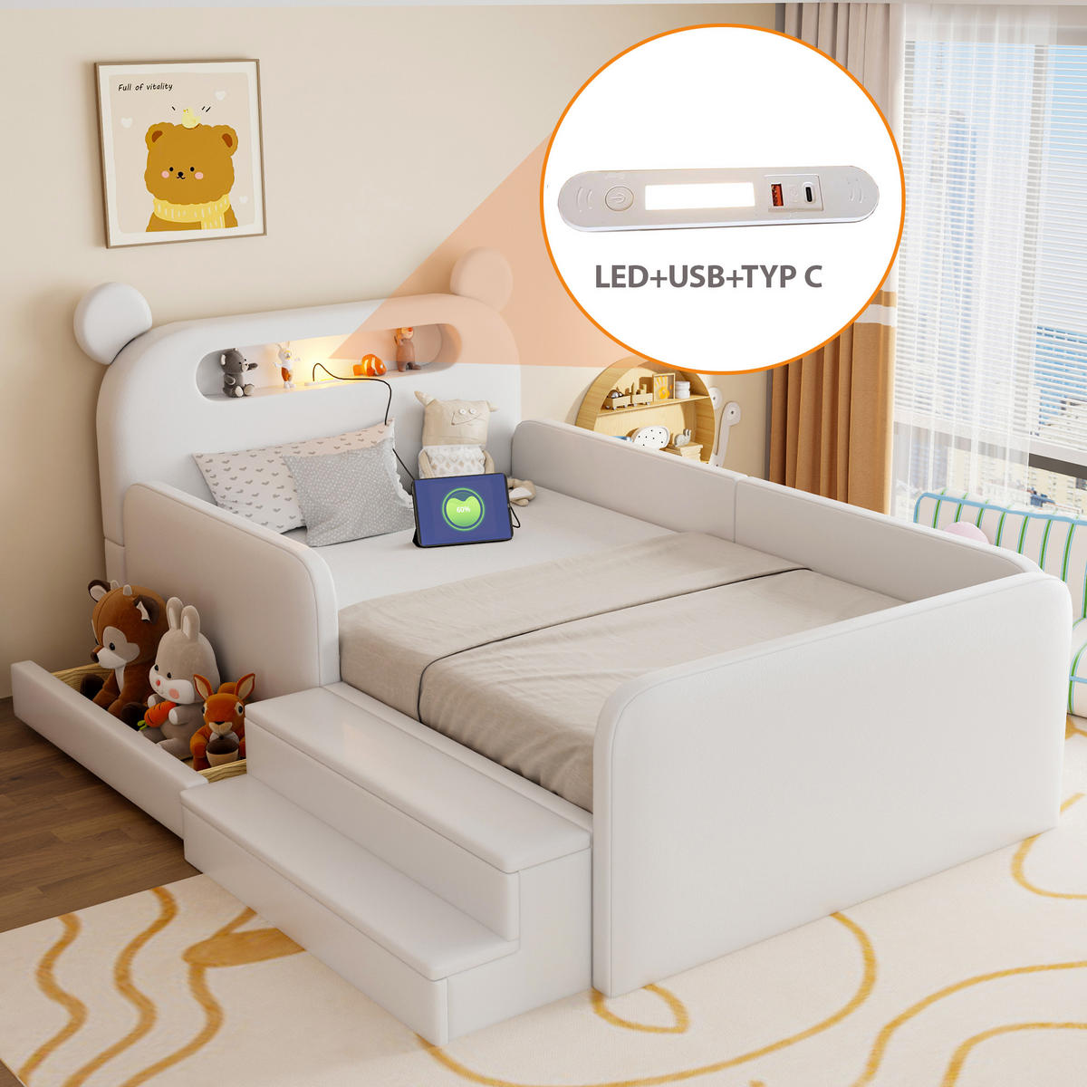 KINDER POLSTERBETT 90x200 Bär Kopfteil USB Stauraum Nachtlicht Weiß - Weiß, Holzwerkstoff (90/200cm) - FLIEKS