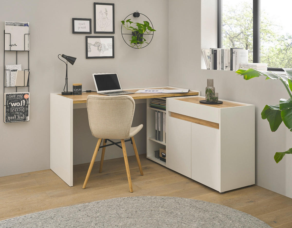 SCHREIBTISCHKOMBINATION 3-teilig weiß, Eiche Wotan 143 cm, Büromöbel Set mit Aktenregal und Kommode - Eichefarben/Silberfarben, Holzwerkstoff/Kunststoff (140/143/76cm) - Furn.Design