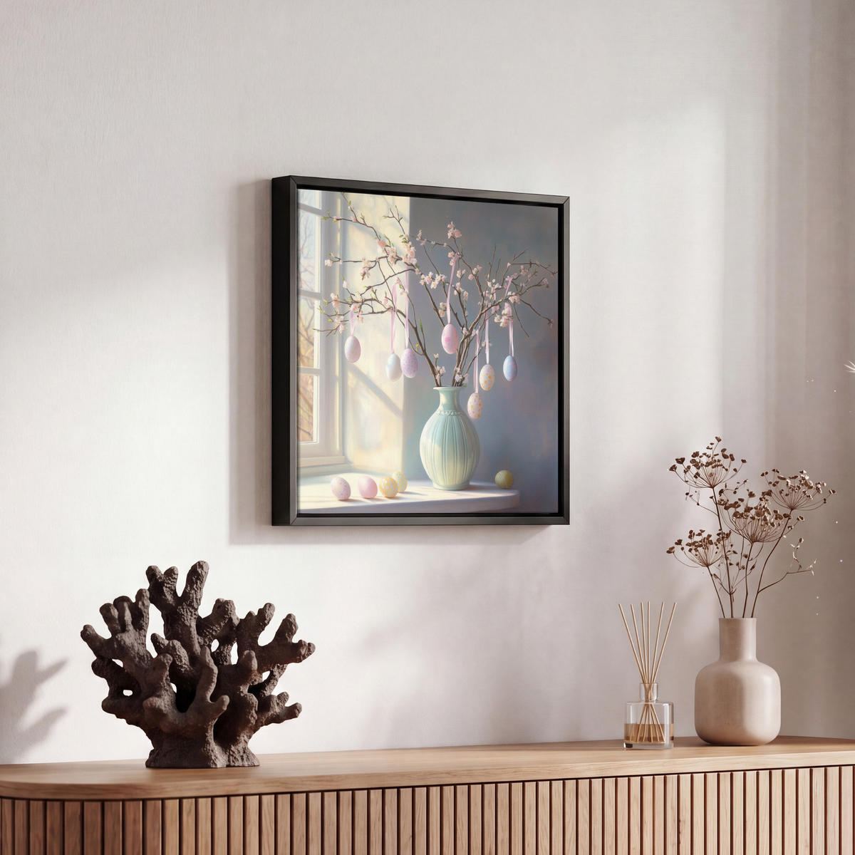 LEINWAND Bilder mit Rahmen - Stillleben - Vase - Osterzweig - 20x20 - Hellblau, Textil (20/20cm) - MuchoWow