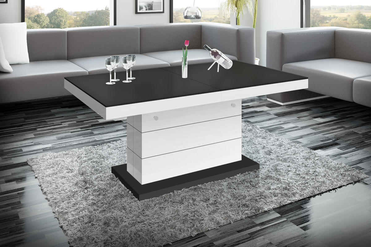 COUCHTISCH rechteckig Schwarz matt Weiß Hochglanz auziehbar höhenverstellbar 120/70/50 cm - Weiß Hochglanz/Schwarz, Holzwerkstoff (70/120/50cm)