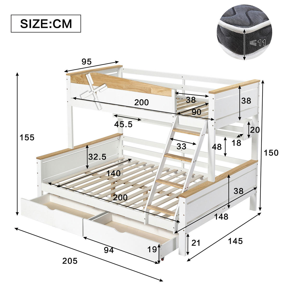 ETAGENBETT aus Kiefer und MDF 90x200/140x200 cm Weiß/Natur mit Schubladen und Regalen - Weiß, Holzwerkstoff (90/200cm) - IVMEU