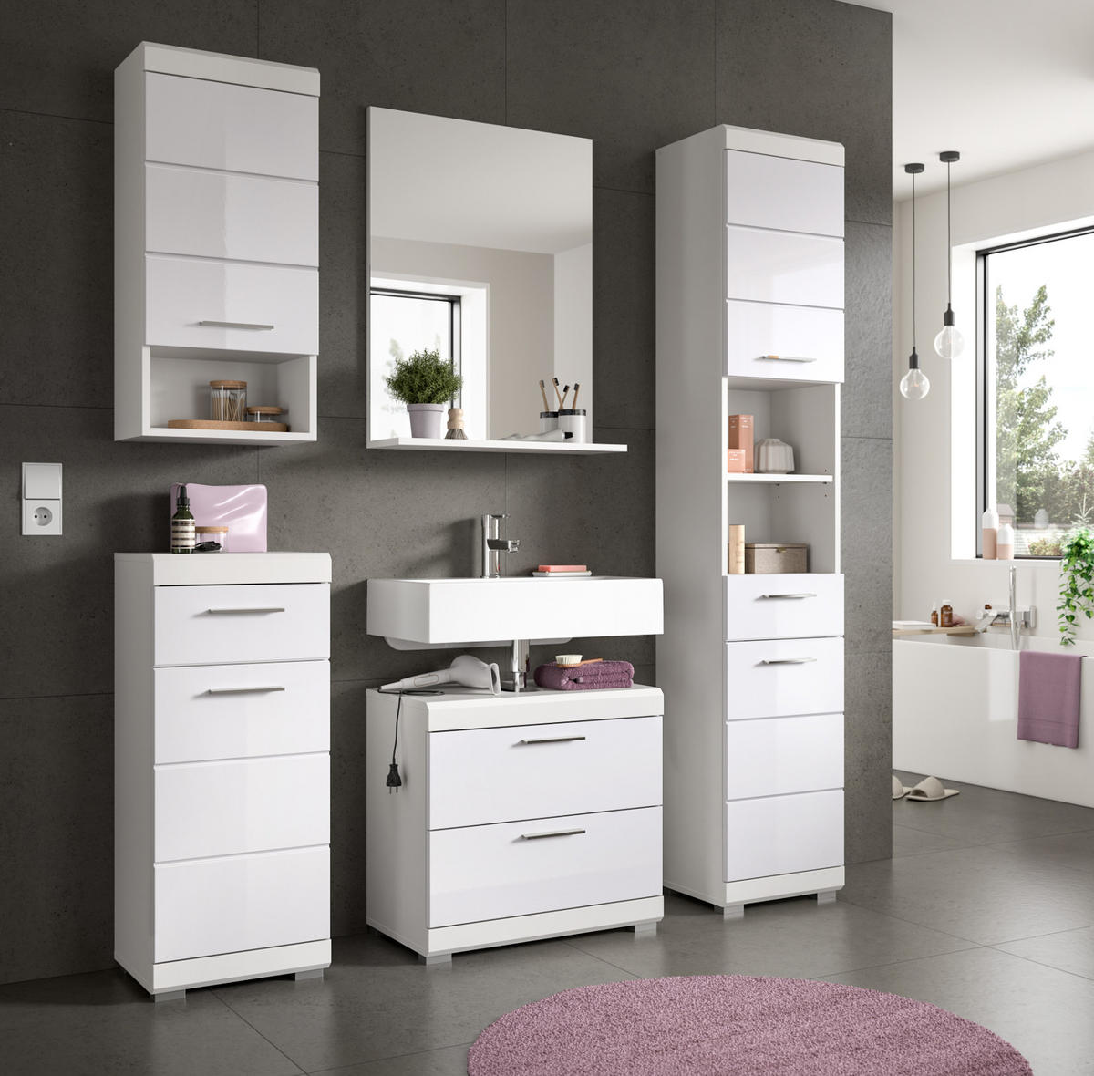 BADMÖBEL-SET weiß Hochglanz 5-teilig 164 cm, Komplettset mit viel Stauraum - Weiß Hochglanz, Glas/Holzwerkstoff (164/191/37cm) - Inn.Furn