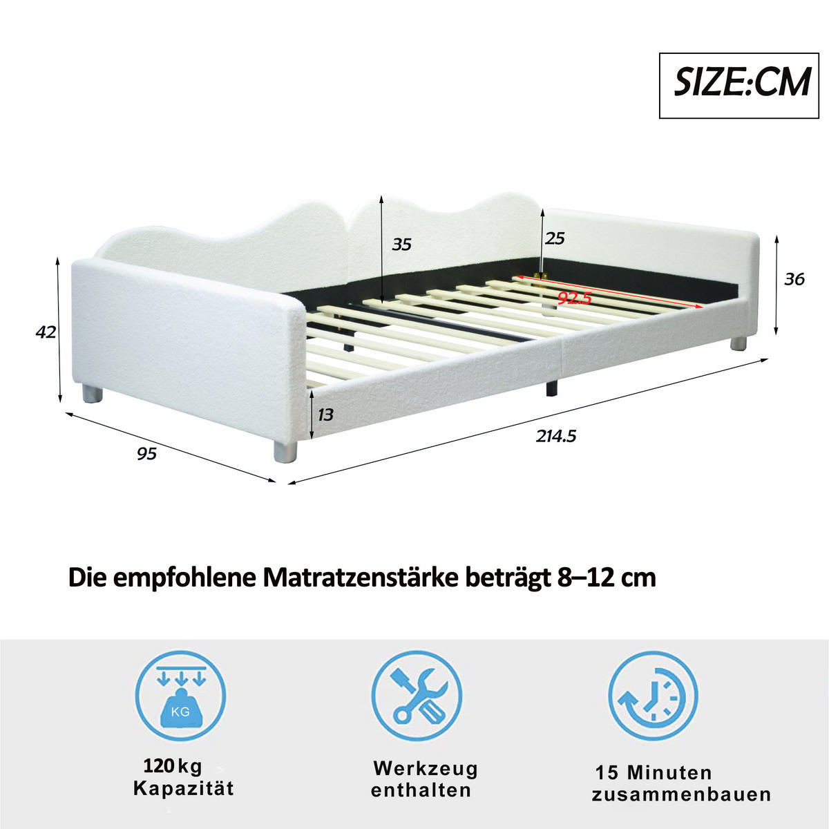 POLSTERBETT 90/200 cm weiß aus Teddystoff mit Rückenlehne und Armlehnen - Weiß, Textil (90/200cm) - OKWISH