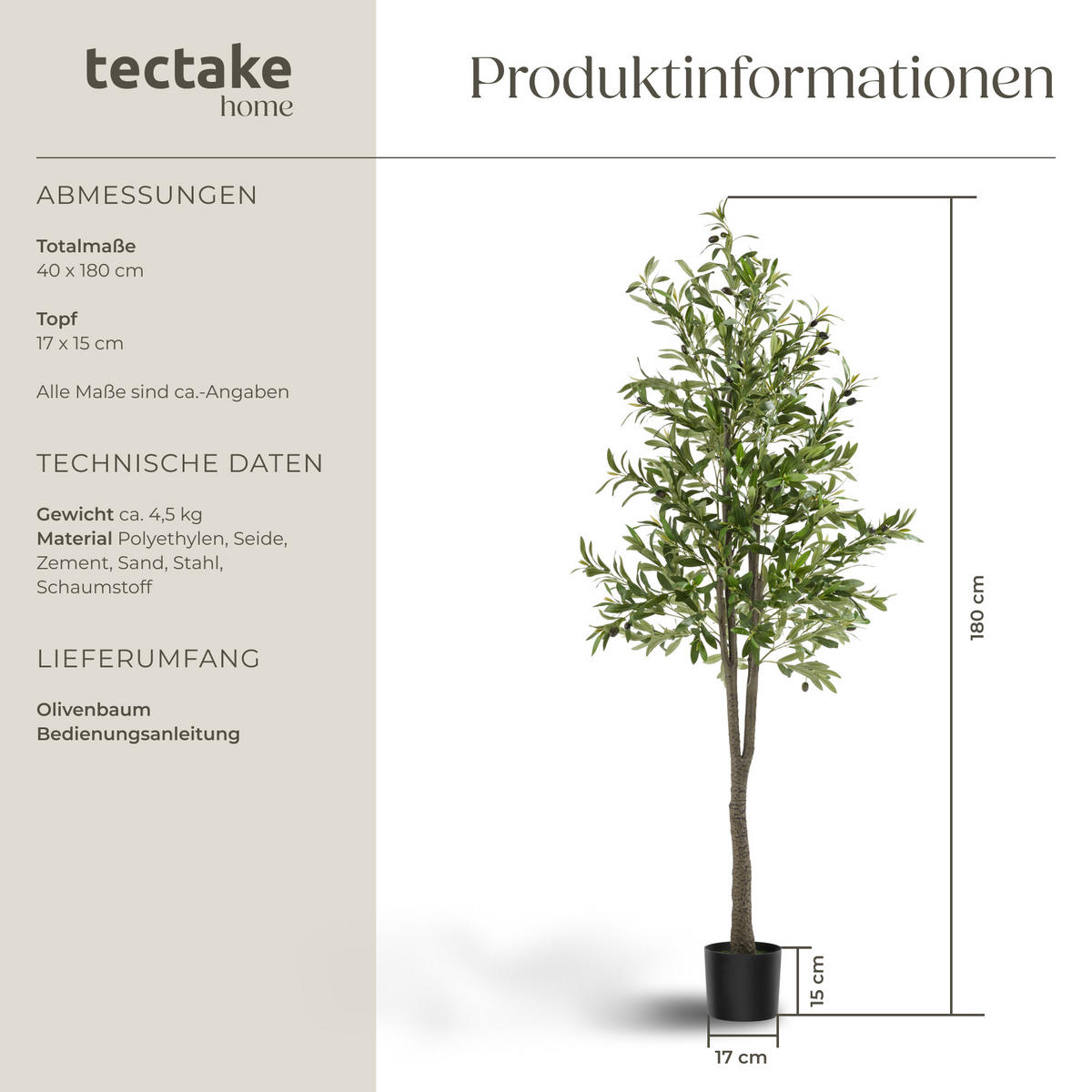 KÜNSTLICHER OLIVENBAUM Oleand, stabiler Kunststoff Blumentopf, grün - Grün, Kunststoff (180cm) - tectake