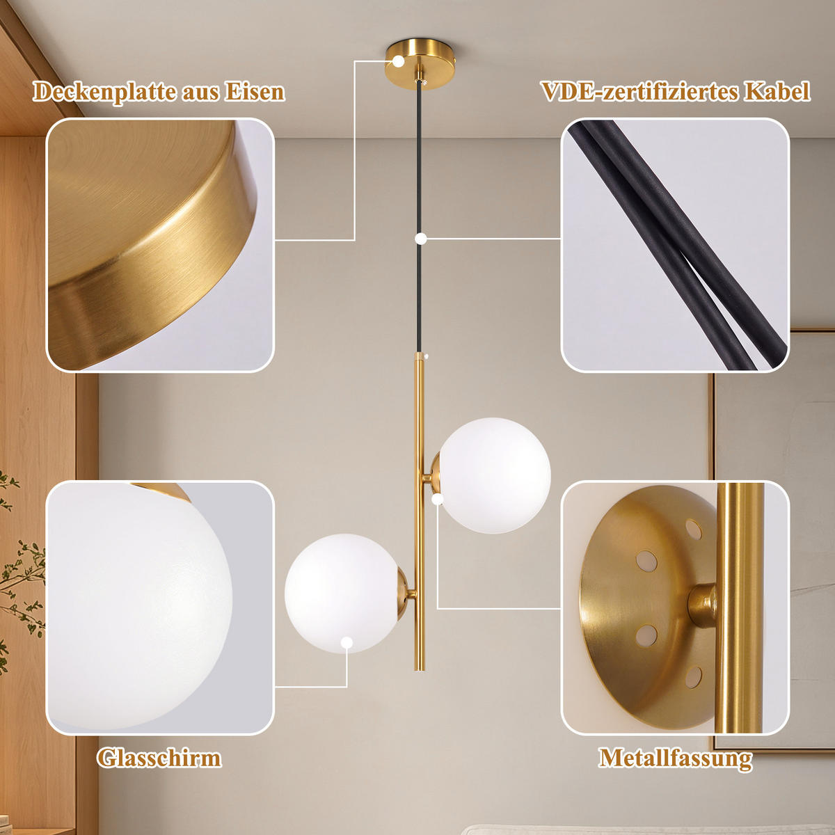 PENDELLEUCHTE Evvin 34.5/15/150 cm - Goldfarben/Weiß, Glas/Metall (34.5/15/150cm) - ZMH