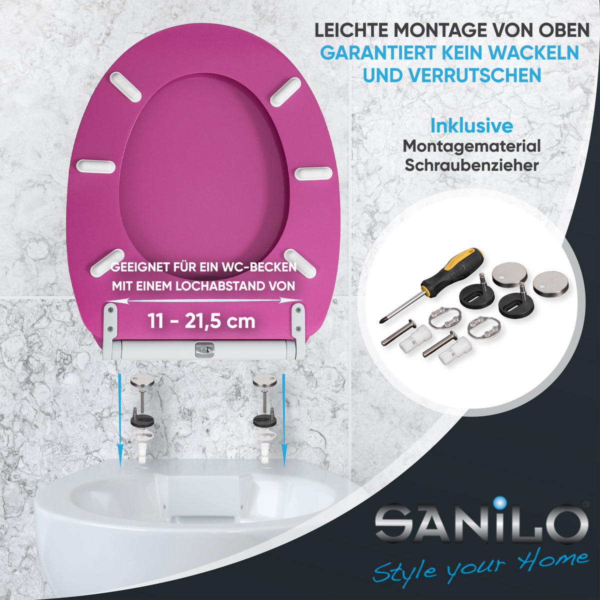 WC-SITZ mit Absenkautomatik & Top Fix Glitzer Pink - Pink, Holzwerkstoff (37.7/5.5/48cm) - Sanilo