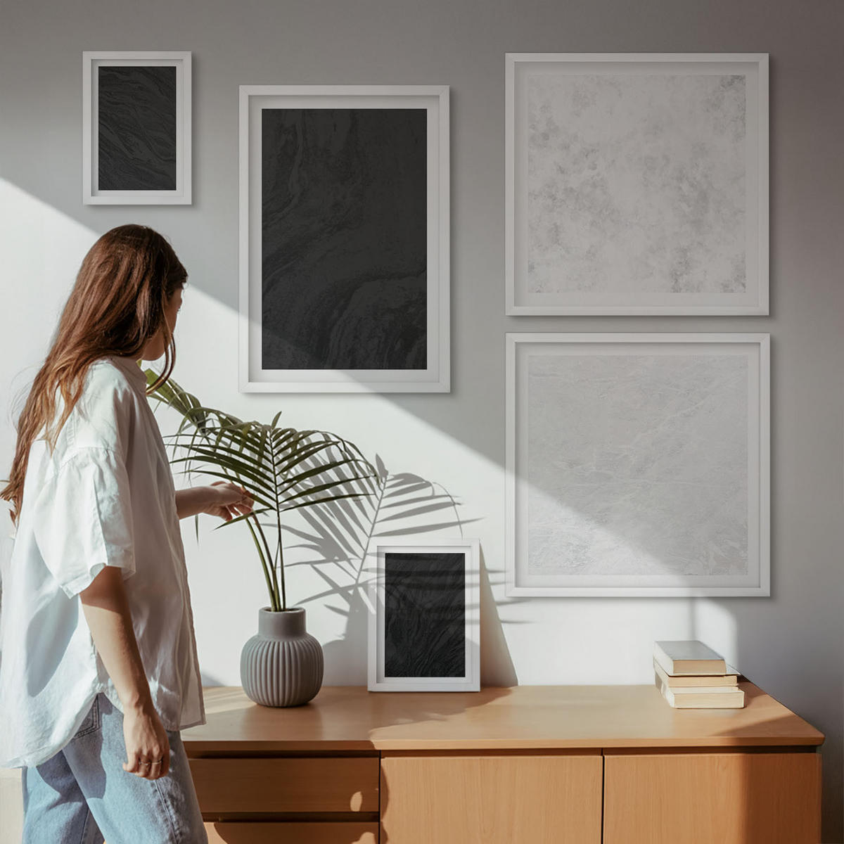 BILDER SET 5er Set - 50x50 cm & 20x30 cm & 40x60 cm Weißer Rahmen - Dunkles Licht, glamouröse Marmor - Weiß, Kunststoff (40/60cm) - TULUP