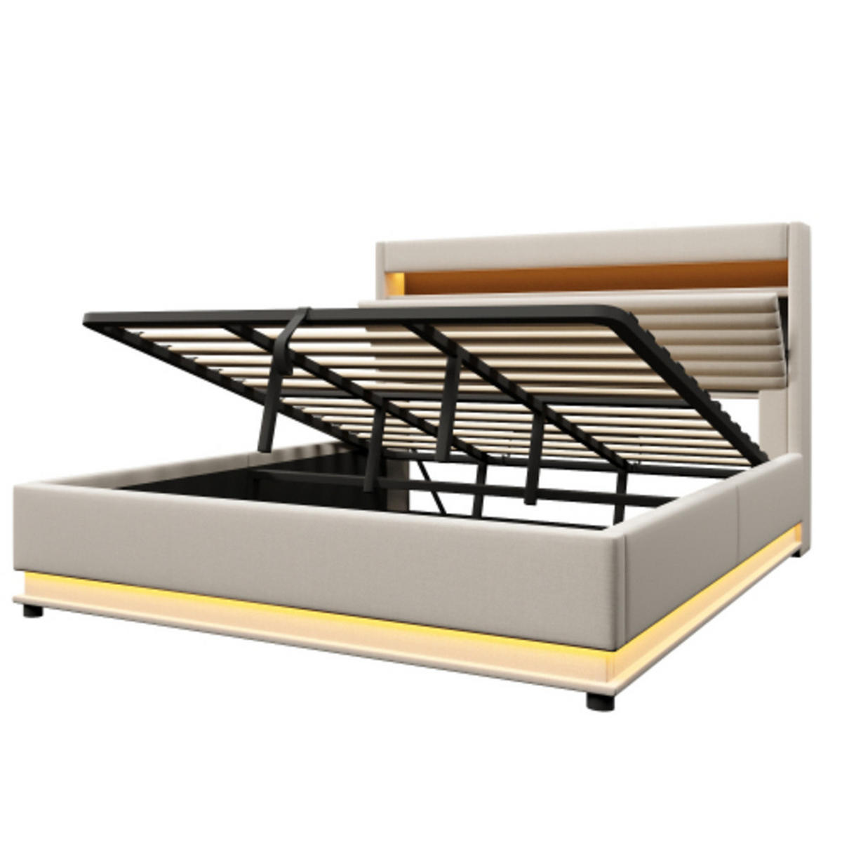 POLSTERBETT beige 218×182×113,5 cm aus Leinen-Stoff mit Hydraulikbettkasten, zweiseitigen LED-Leisten - Beige, Textil (180/200cm) - Luhomfu