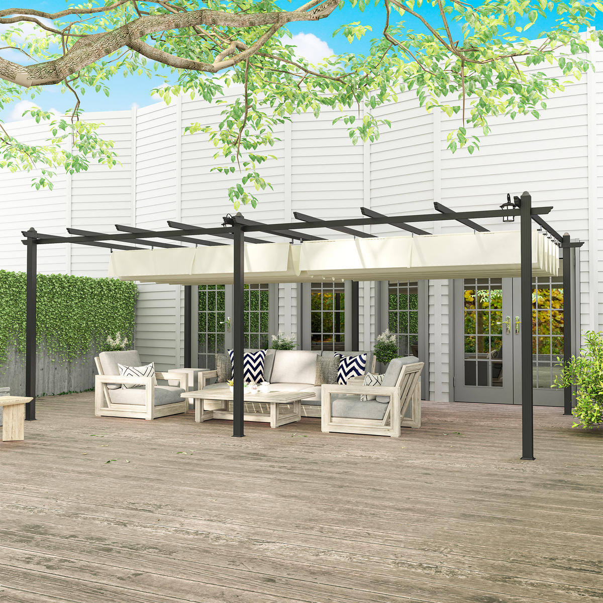 PERGOLA DE-12645 350/600 cm ausziehbar mit Alurahmen Beige - Beige, Metall (358/223/597cm) - ComfortXL