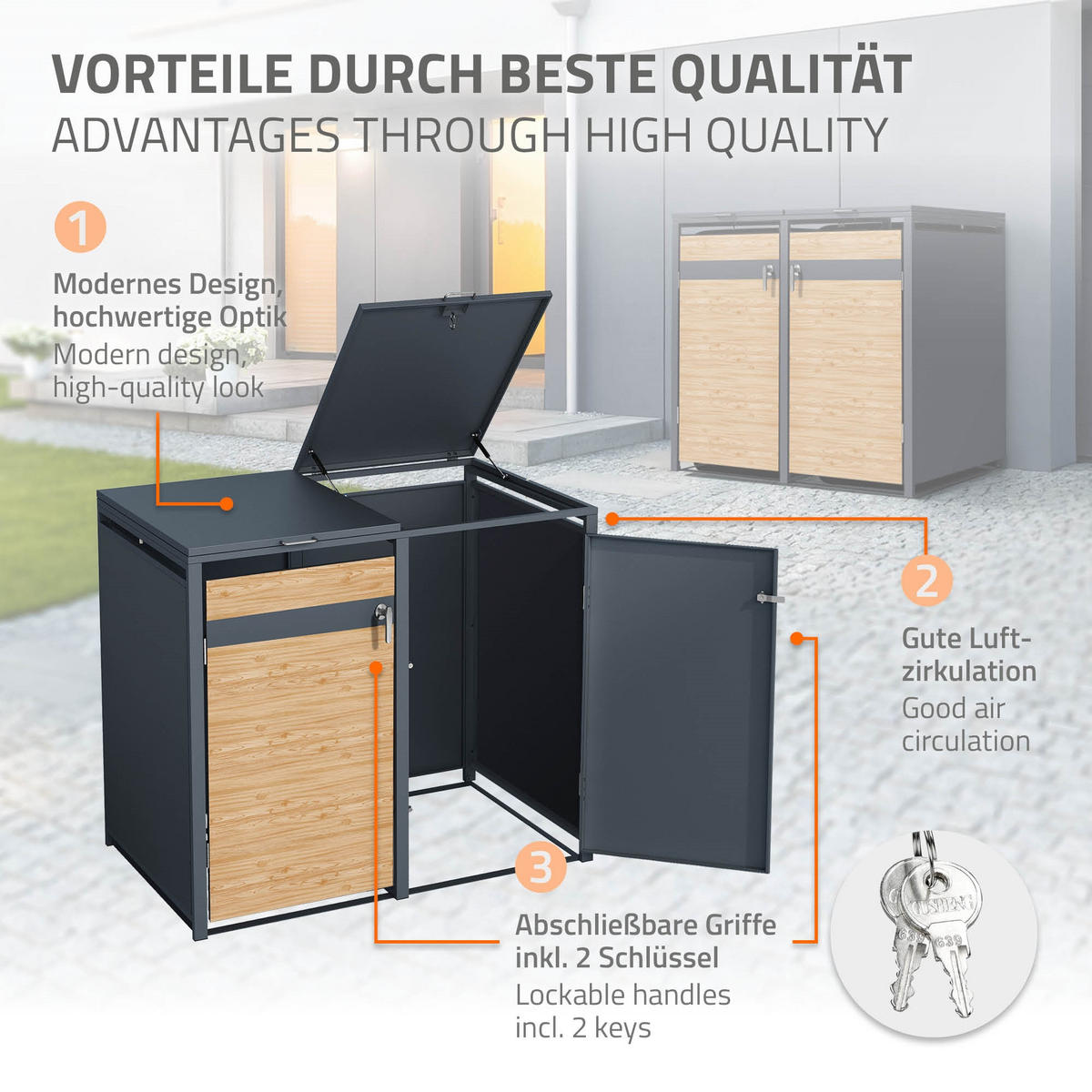 MÜLLTONNENBOX 2er Anthrazit-Lärchenoptik - Naturfarben, Metall (132/116.3/80cm) - ML-DESIGN