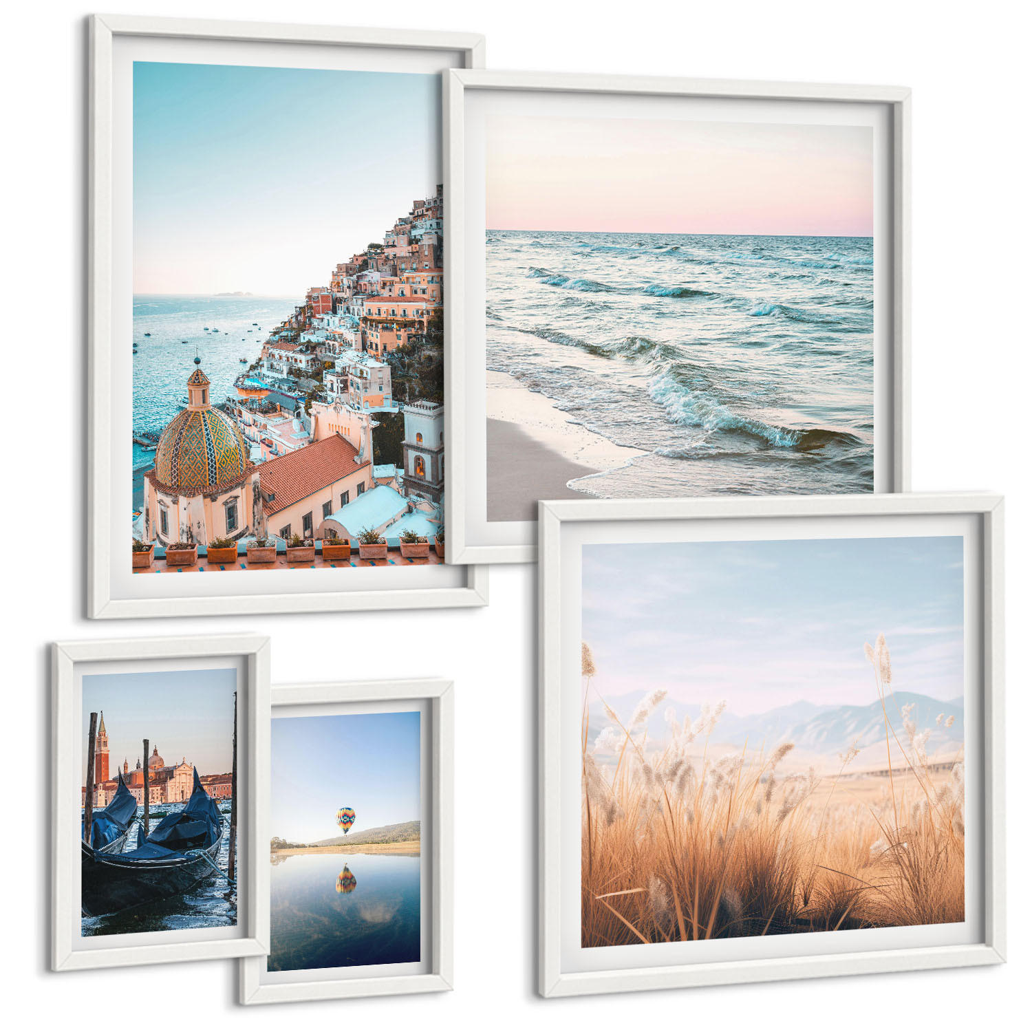 BILDER SET 5er Set - 50x50 cm & 20x30 cm & 40x60 cm Weißer Rahmen - Vögel im Flug, Himmel, Mond - Weiß, Kunststoff (40/60cm) - TULUP