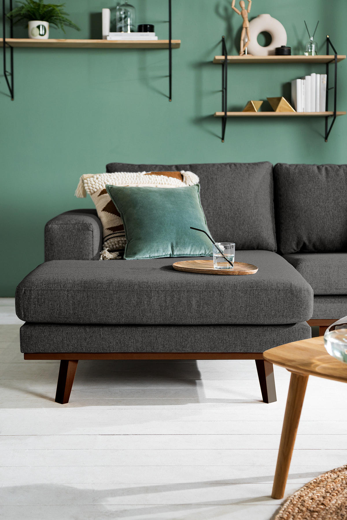 WOHNLANDSCHAFT mit Longchair - Dunkelgrau/Buchefarben, Buchenholz/Textil (371/81/219cm) - home24