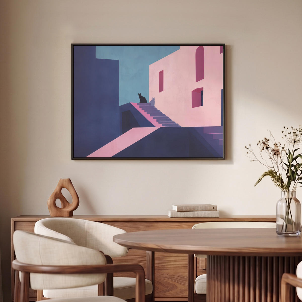 LEINWAND Bilder mit Rahmen - Katze - Treppe - Gebäude - Schattenkontraste - 70x50 - Dunkelblau, Textil (70/50cm) - MuchoWow
