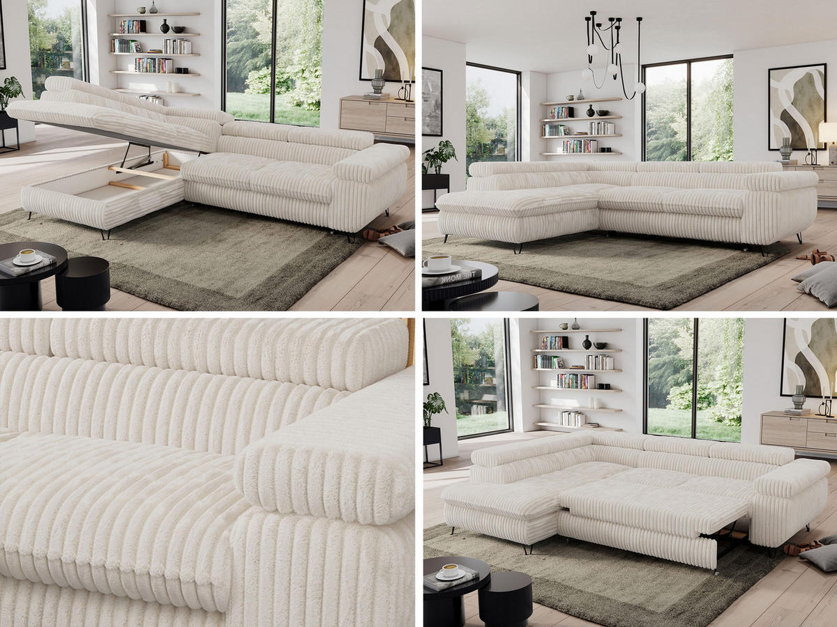 ECKSOFA PEDRO L Beige Cord - Links Seite - Beige/Schwarz, Textil/Metall (208/273cm) - MKS