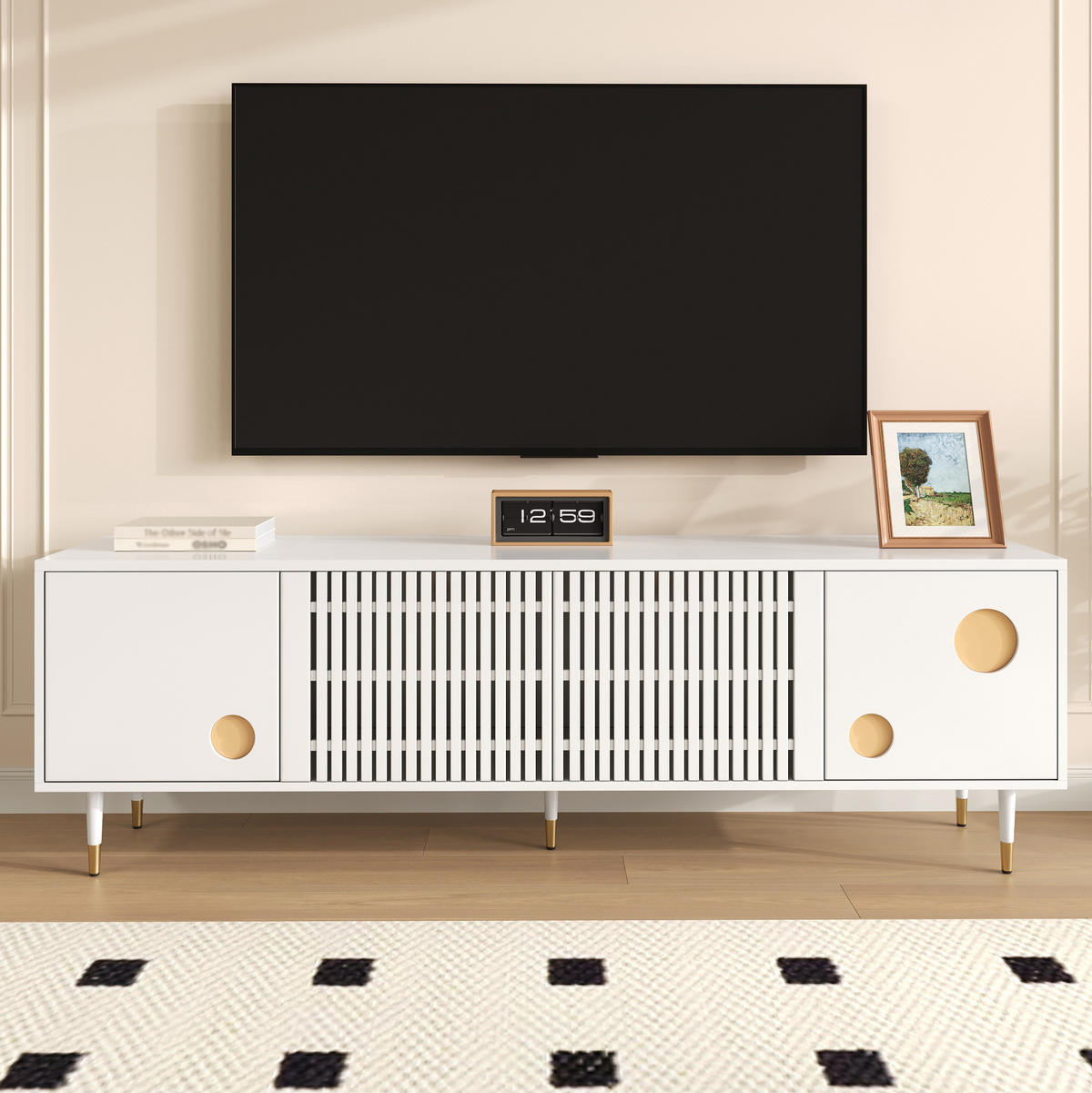 TV-SCHRANK aus MDF 170x36x54 cm Weiß mit Kabelmanagement, verstellbaren Füßen und Kippschutz - Weiß, Holzwerkstoff (170/54/36cm) - Modfu