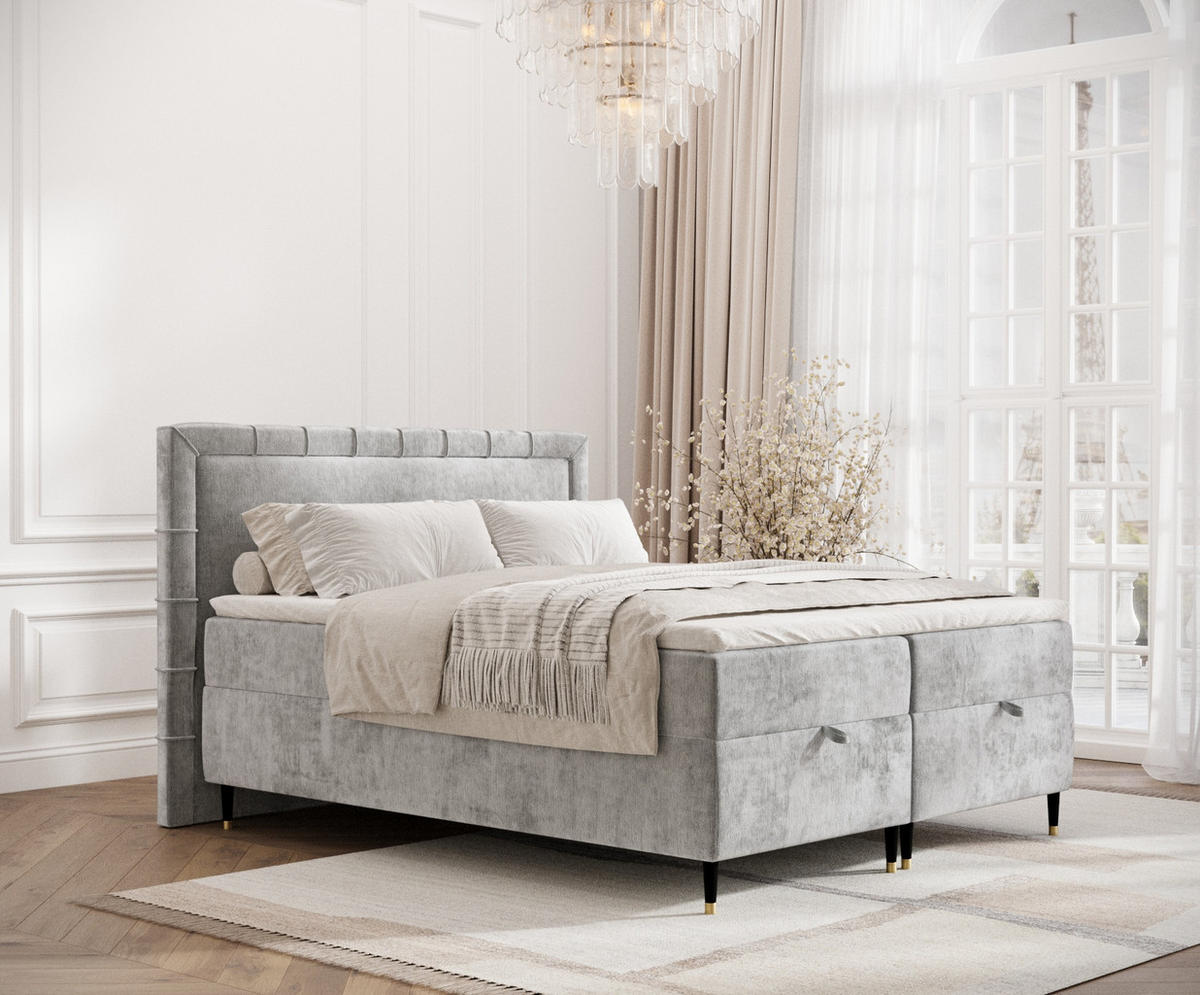 BOXBETT Monpelli Grau 140/200 cm mit Matratze und Topper - Schwarz/Grau, Holz/Holzwerkstoff (140/200cm) - Maison de Reve