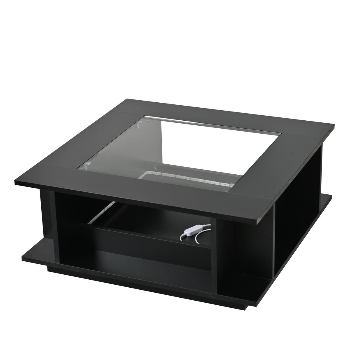 COUCHTISCH DE-37114 quadratisch mit Glasplatte und LED Schwarz - Schwarz, Holzwerkstoff (70/70/30cm) - ComfortXL