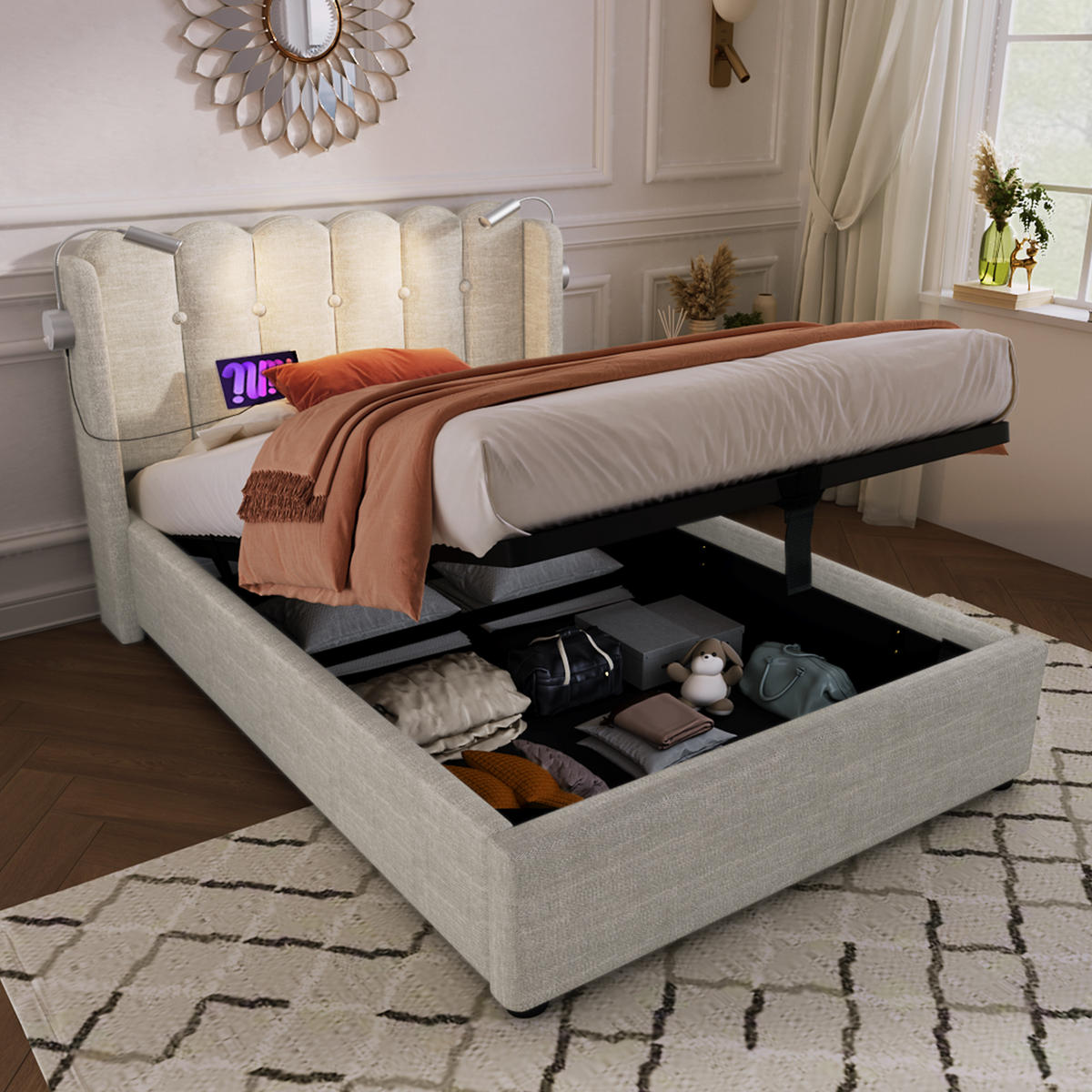 POLSTERBETT 90/200 cm mit Leselicht und Ladefunktion aus Leinen in Natur Ohne Matratze - Naturfarben, Textil (90/200cm) - OKWISH