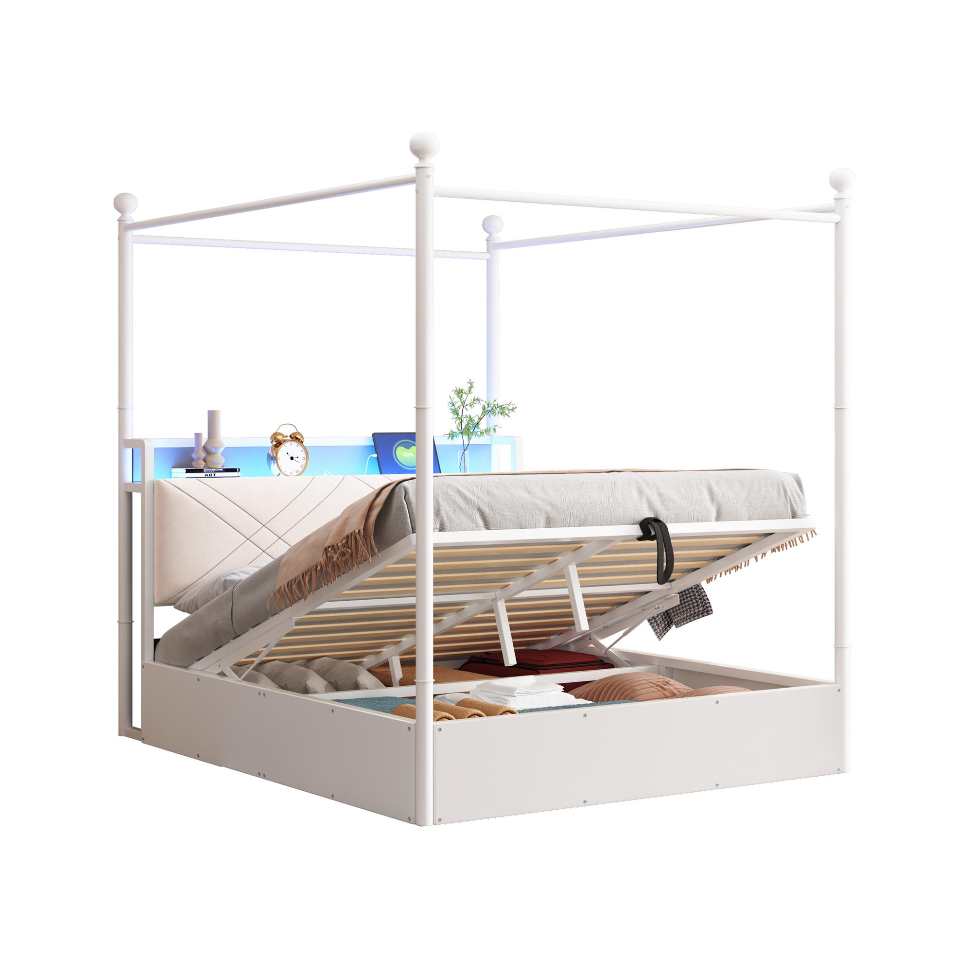 METALLBETT 140/190 cm in Weiß mit Bettkasten, LED und USB - Weiß, Holzwerkstoff/Metall (140/190cm) - WISHDOR