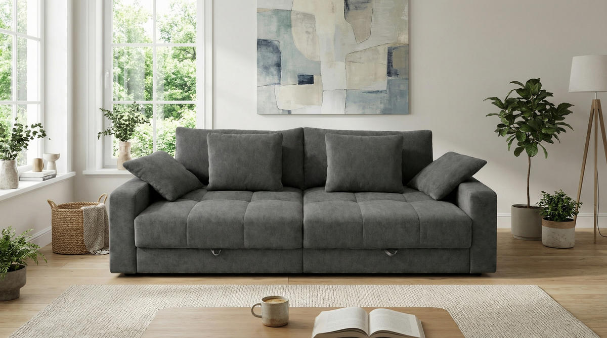 BIG-SOFA mit 2 Bettkästen, viel Stauraum, B274/T113/H84 cm, Liegefläche 103x241 cm, Chenille Grau / 15243 - Schwarz/Grau, Kunststoff/Textil (284/84/113cm) - luma-home