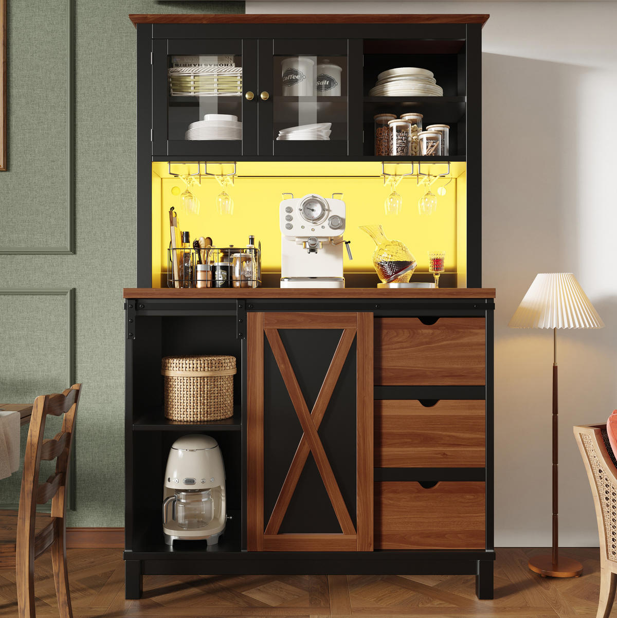 HIGHBOARD 104/180/40 cm Schwarz aus MDF, Metall und Glas mit LED-Beleuchtung - Schwarz, Glas (40/180/104cm) - OKMYHOME
