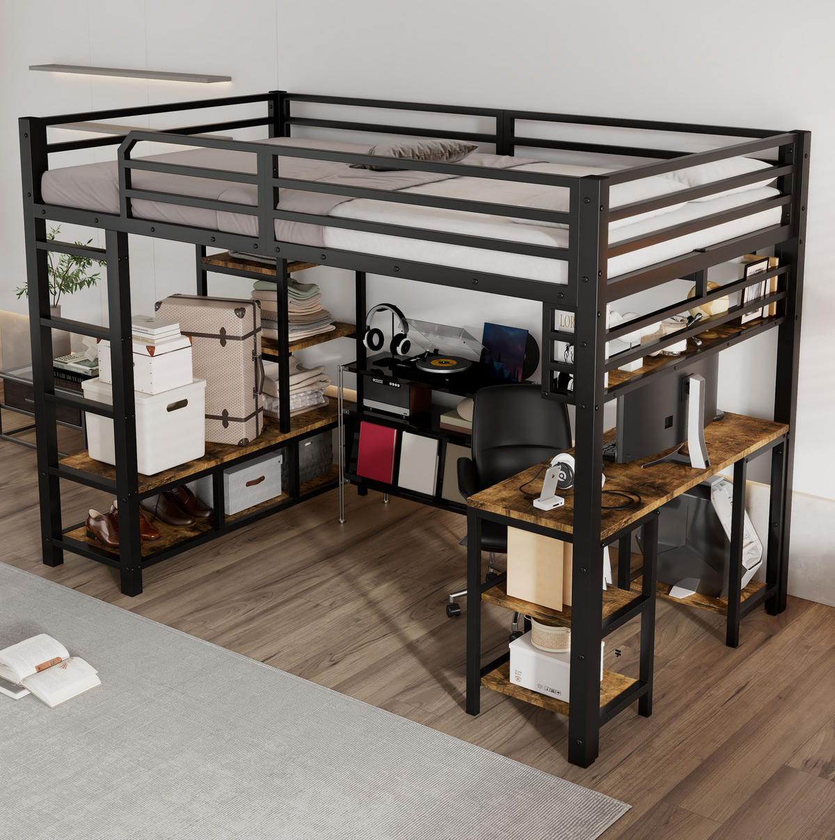 HOCHBETT 120/200 cm mit Schreibtisch, Ablage und 4-stufiger Leiter, stabile Lattenroste, Schwarz/Dunkelwalnuss - Schwarz, Metall (120/200cm) - Redom