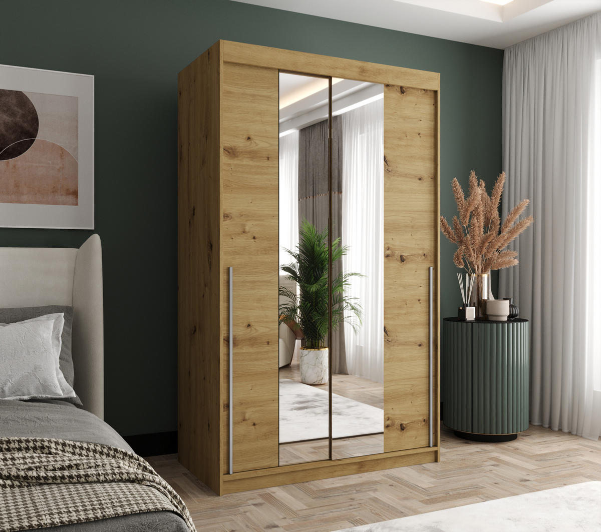 SCHIEBETÜRENSCHRANK mit Spiegel 120 cm Breite Artisan mit silbernem Griff - Silberfarben/Eiche Artisan, Holzwerkstoff (120/200/62cm) - Home Collective