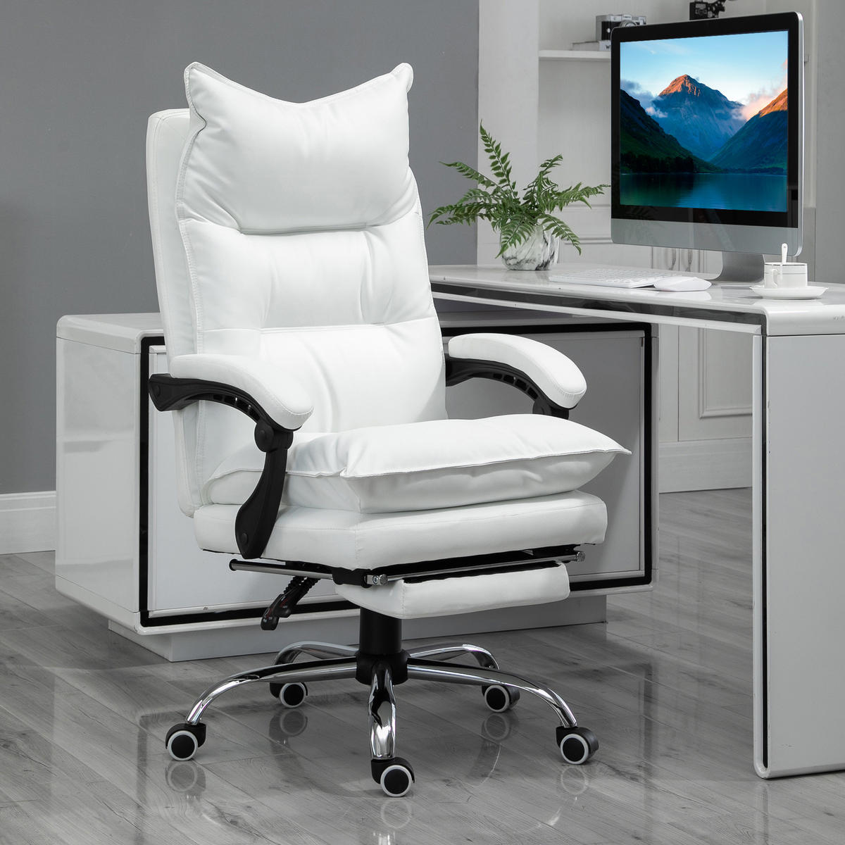 BÜROSTUHL DE-05094 Ergonomisch mit Fußstütze & Armlehnen Weiß - Weiß, Metall (72/130/66cm) - ComfortXL