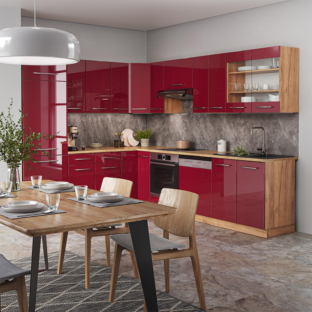 ECKKÜCHE Fame-Line Bordeaux Hochglanz/Goldkraft Eiche 227 x 60 cm ohne AP - Honigeiche/Bordeaux, Holzwerkstoff (287/81.6/46cm) - Vicco
