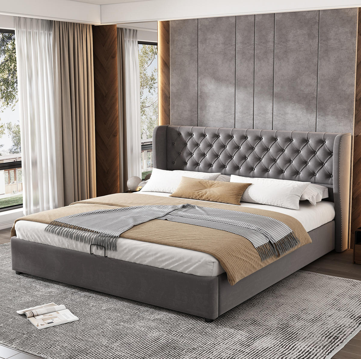 POLSTERBETT 160/200 cm mit hydraulischem Bettkasten, Chesterfield-Kopfteil 99 cm, Grau - Grau, Textil (160/200cm) - Redom
