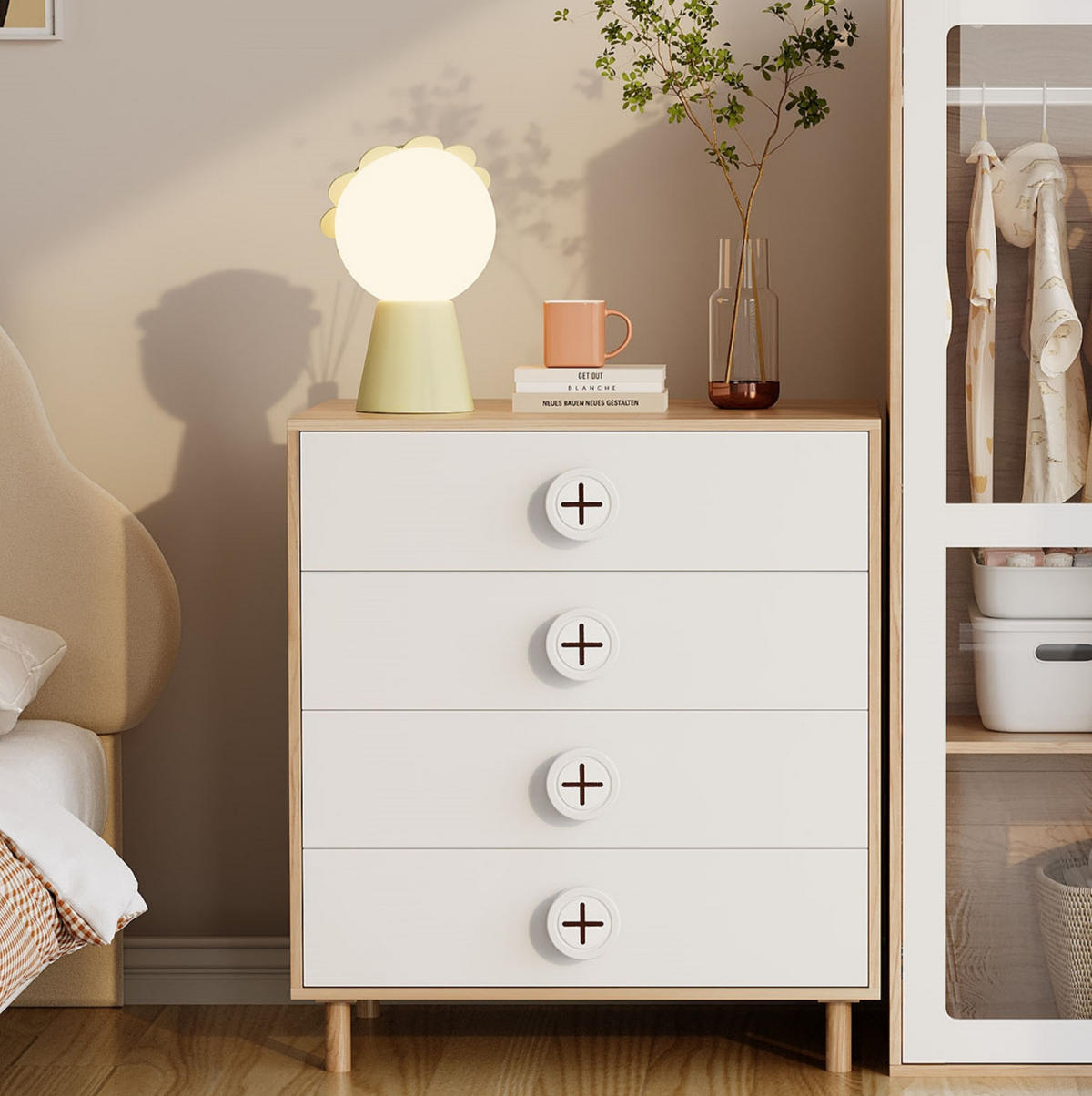 KOMMODE, 4 Schubladen, mit lackierten Fronten und Holzoptik, 80x54x90 cm, NaturalxWeiß - Naturfarben, Holzwerkstoff (54/90/80cm) - Modfu