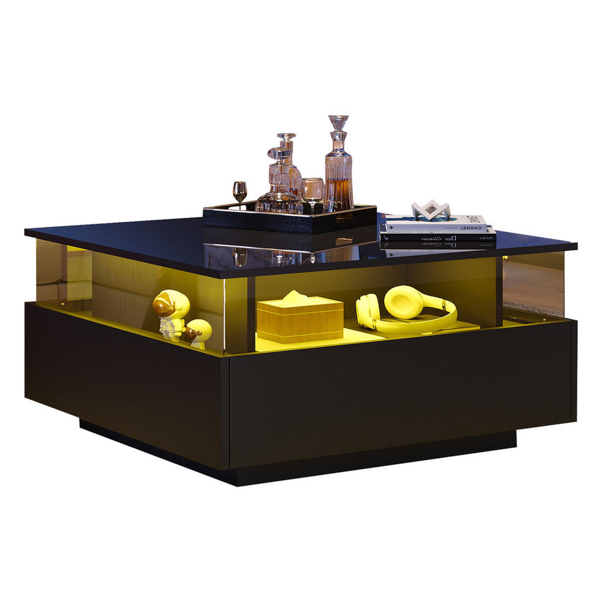 COUCHTISCH 70x70cm Schwarz Hochglanz LED 2 Schubladen Präsentation 30kg - Schwarz, Holz (80.01/80.01/15.98cm) - FLIEKS