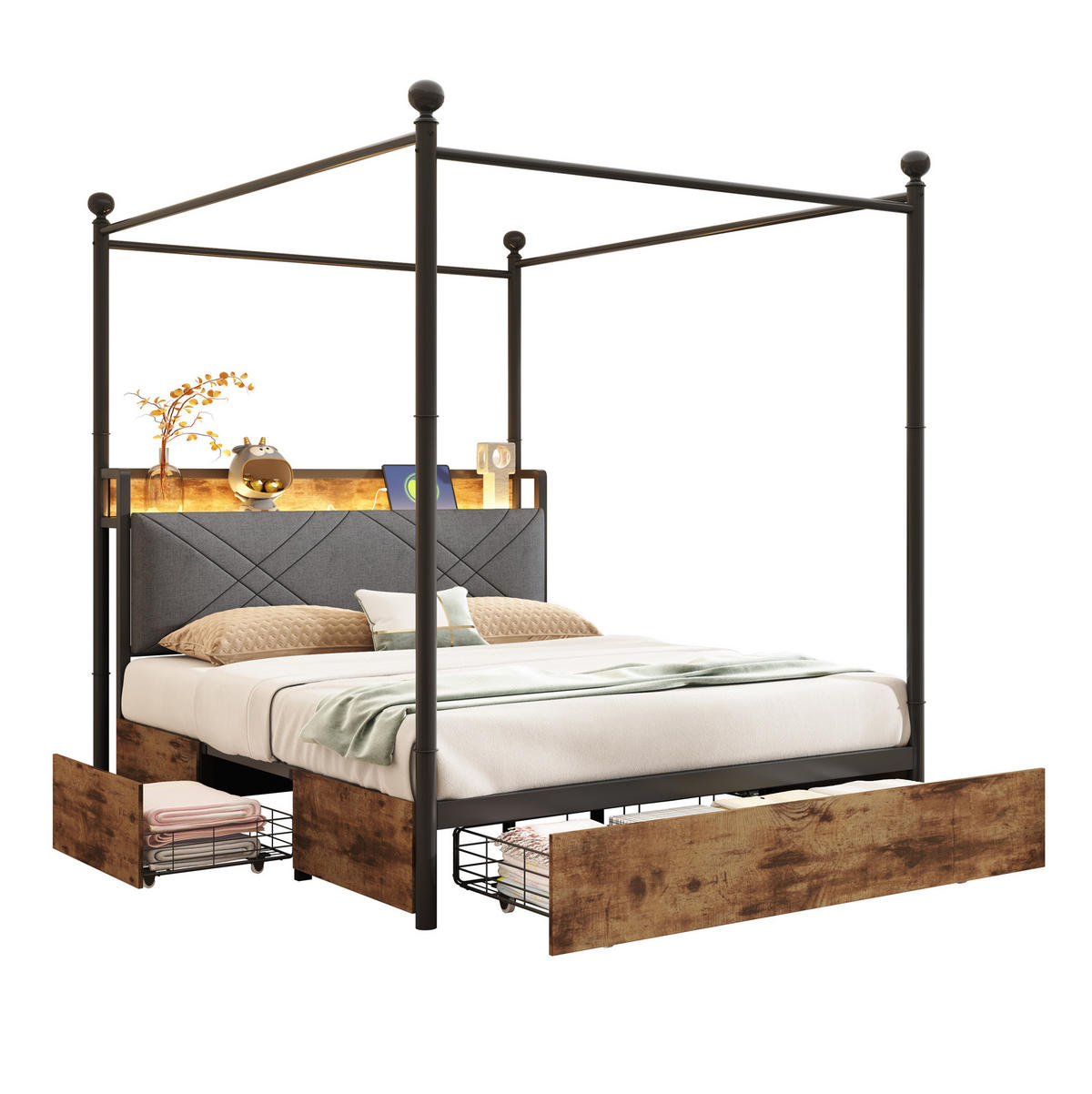 METALLBETT 140/190 cm mit LED-Beleuchtung, Stauraum und USB- und Type-C-Anschlüssen - Schwarz, Metall (140/190cm) - Flora Grace
