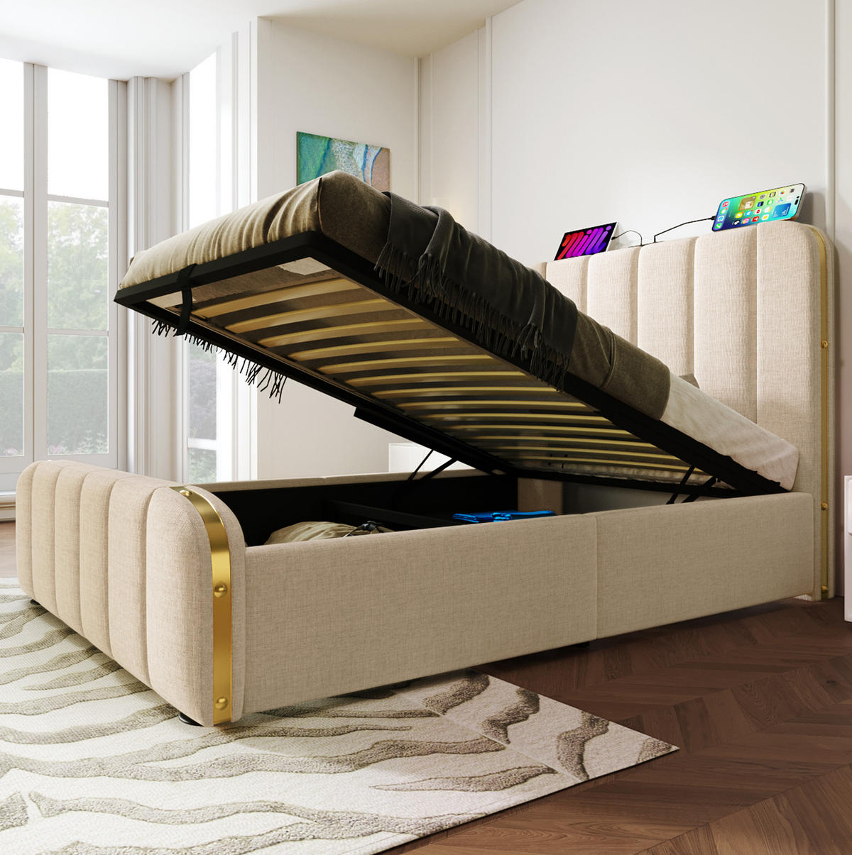 POLSTERBETT 90/200 cm Beige aus Leinen mit Stauraum - Beige, Textil (90/200cm) - OKMYHOME