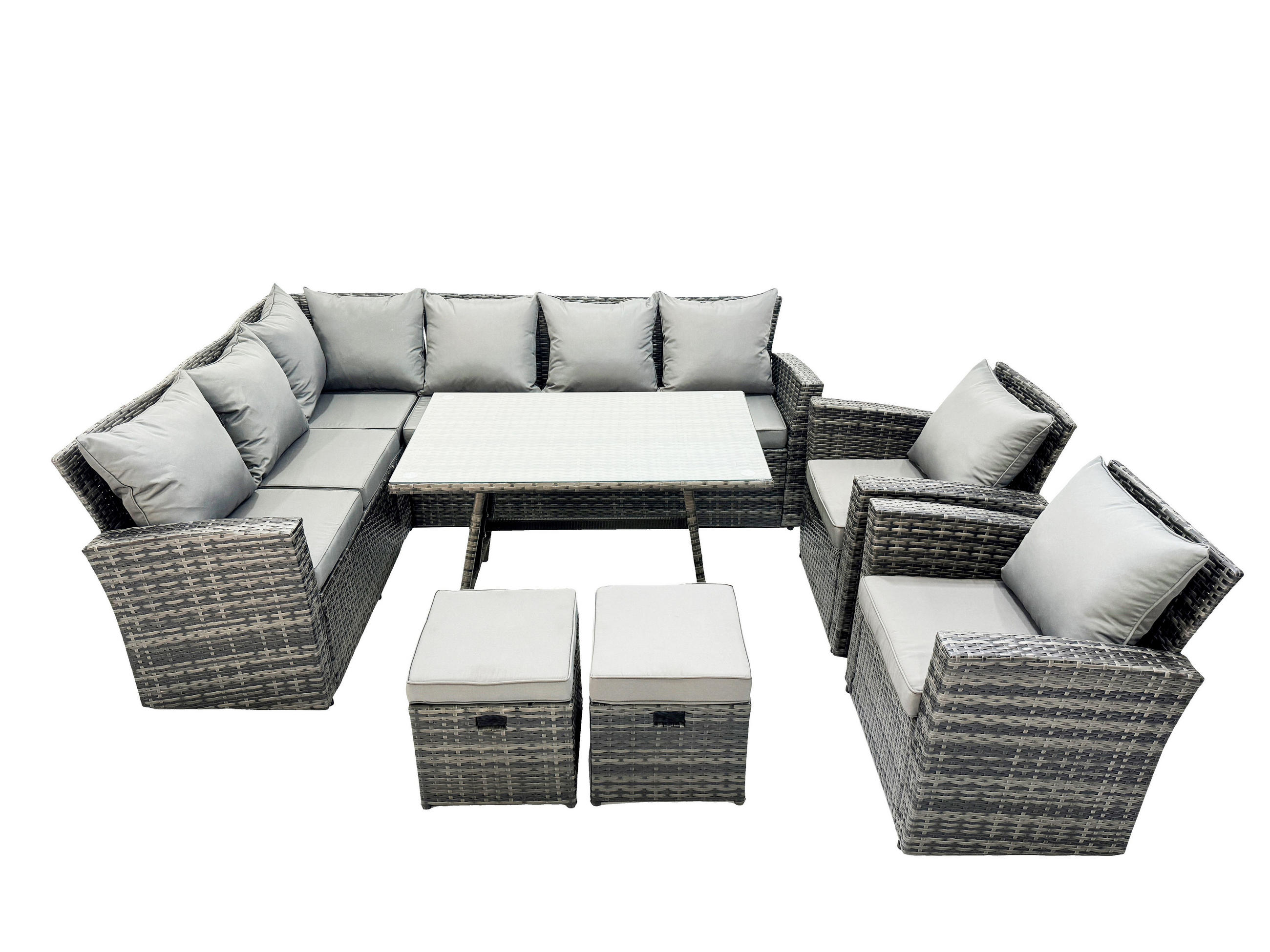 BALKONMÖBEL-SETS mit Ecksofa,Stuhl,Länglicher Esstisch Polyrattan Dunkelgrau 10-Sitzer - Dunkelgrau/Grau, Glas/Kunststoff - Fimous