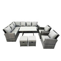 BALKONMÖBEL-SETS mit Ecksofa,Stuhl,Länglicher Esstisch Polyrattan Dunkelgrau 10-Sitzer - Dunkelgrau/Grau, Glas/Kunststoff - Fimous