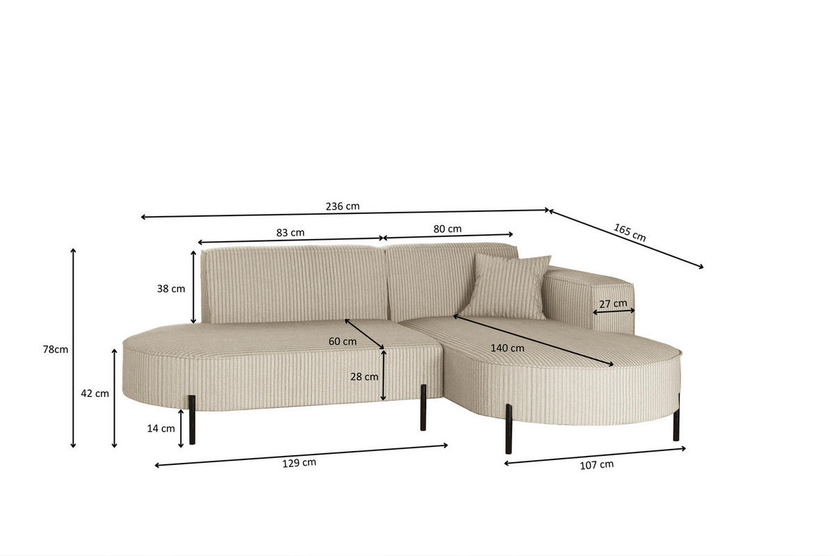 ECKSOFA L-Form Designer Modena Rein stoff Cord Beige Rechts - Creme, Holzwerkstoff (236/165cm) - Kaiser Möbel