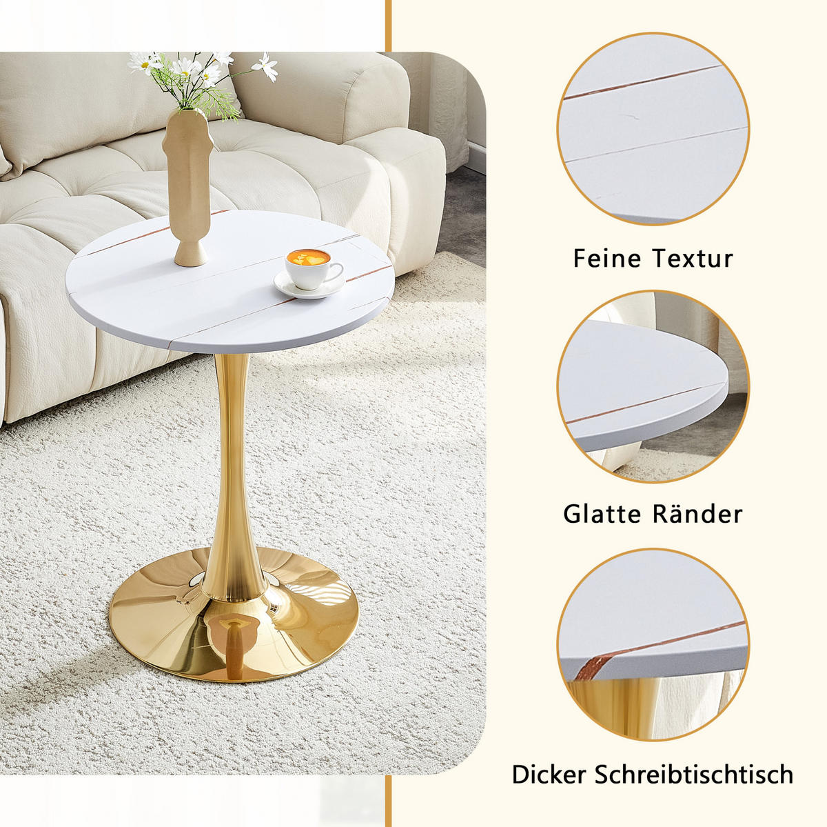 BEISTELLTISCH aus MDF und Metall 60x60x72 cm Weiß/Gold mit runder Tischplatte und stabilem Mittelfuß - Weiß, Holzwerkstoff (60/60/72cm) - Modfu