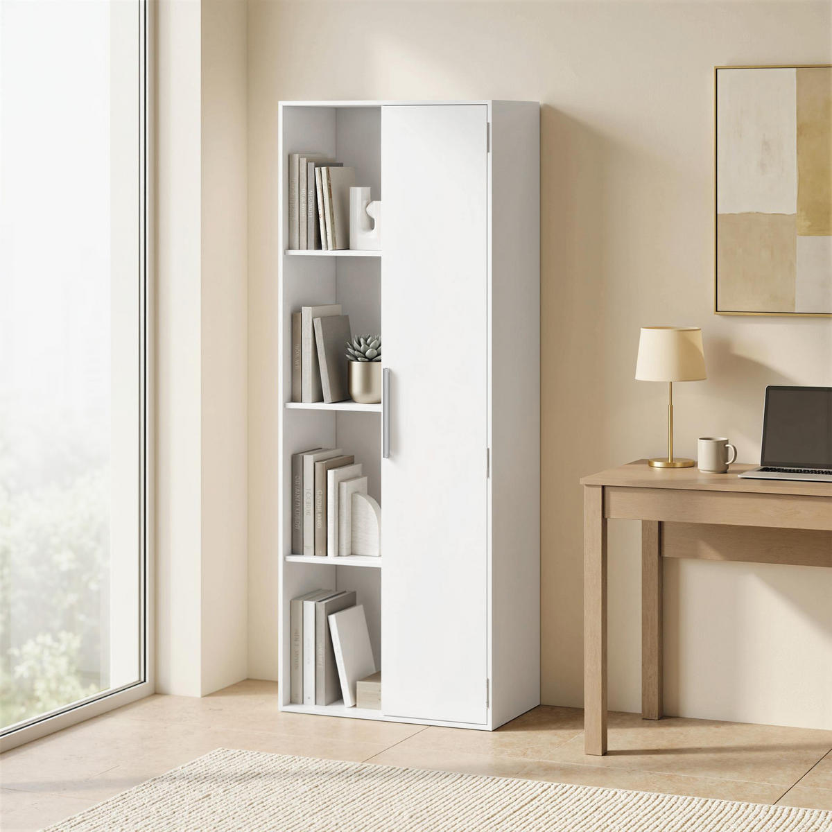 BÜCHERREGAL DE-09903 4-stöckig mit Schrank und Türen Weiß - Weiß, Holzwerkstoff (35/160/60cm) - ComfortXL