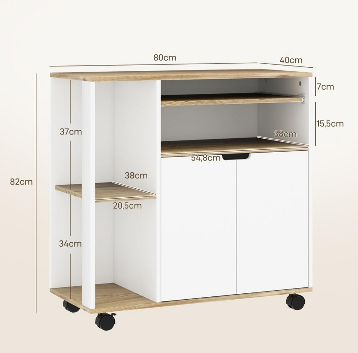 KÜCHENWAGEN mit Stauraum 80 x 40 x 82 cm Naturholz Weiß - Naturfarben, Holz (40/82/80cm) - Beauniv