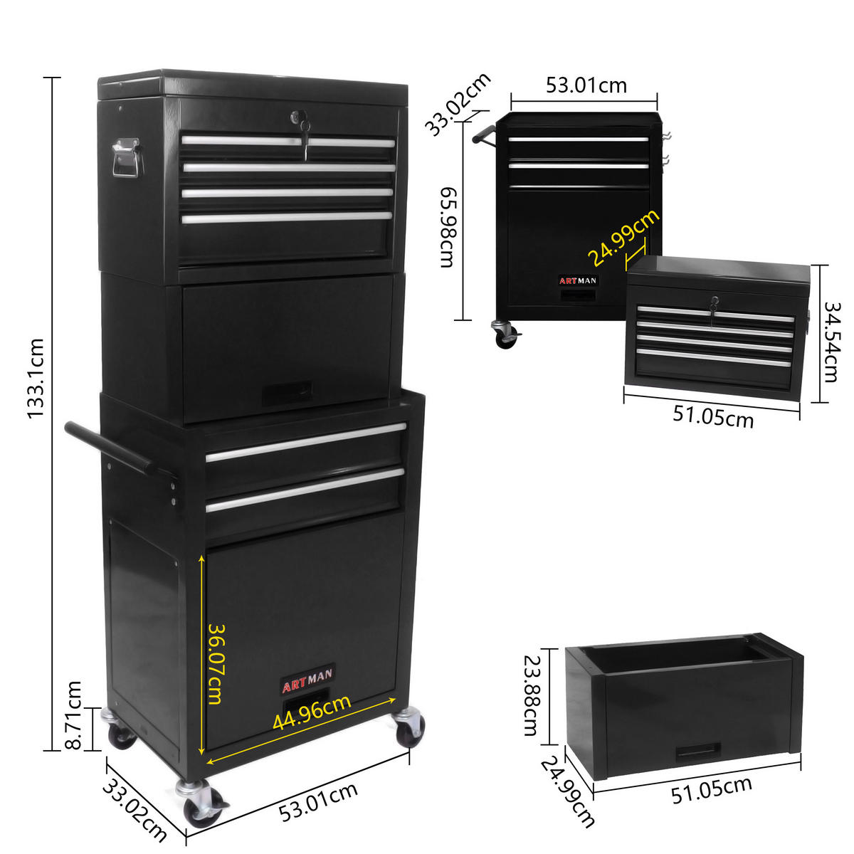 WERKZEUGWAGEN 2-in-1 mit Rollen – abnehmbarer Werkzeugkasten, 6 Fächer, Werkstattwagen mit 4 Rädern für Garage, Schwarz - Schwarz, Metall (33/110/60cm) - Ej. Life