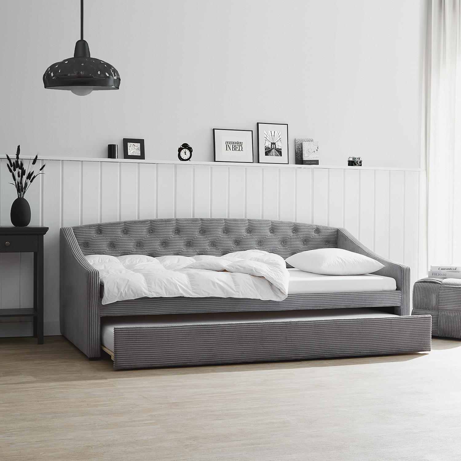 AUSZIEHBETT Cord 90/200 cm Grau 2 Liegeflächen - Grau, Textil (90/200cm) - Homestyle4u