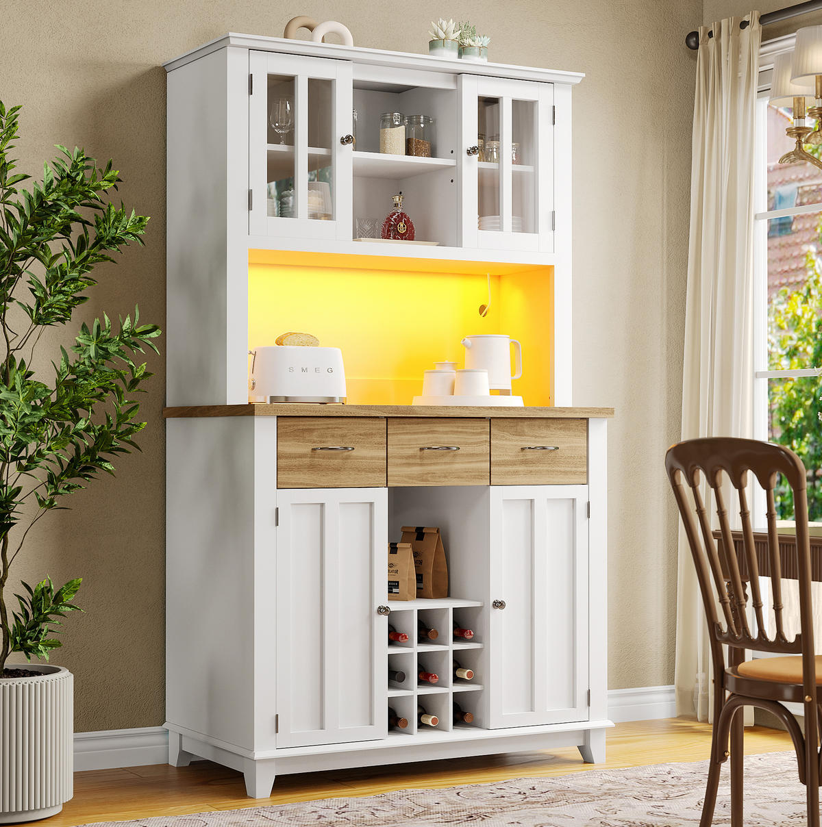 KÜCHENBUFFET 106/40/179,5 cm weiß aus MDF mit LED-Beleuchtung - Weiß, Holzwerkstoff (106/179.5/40cm) - OKWISH