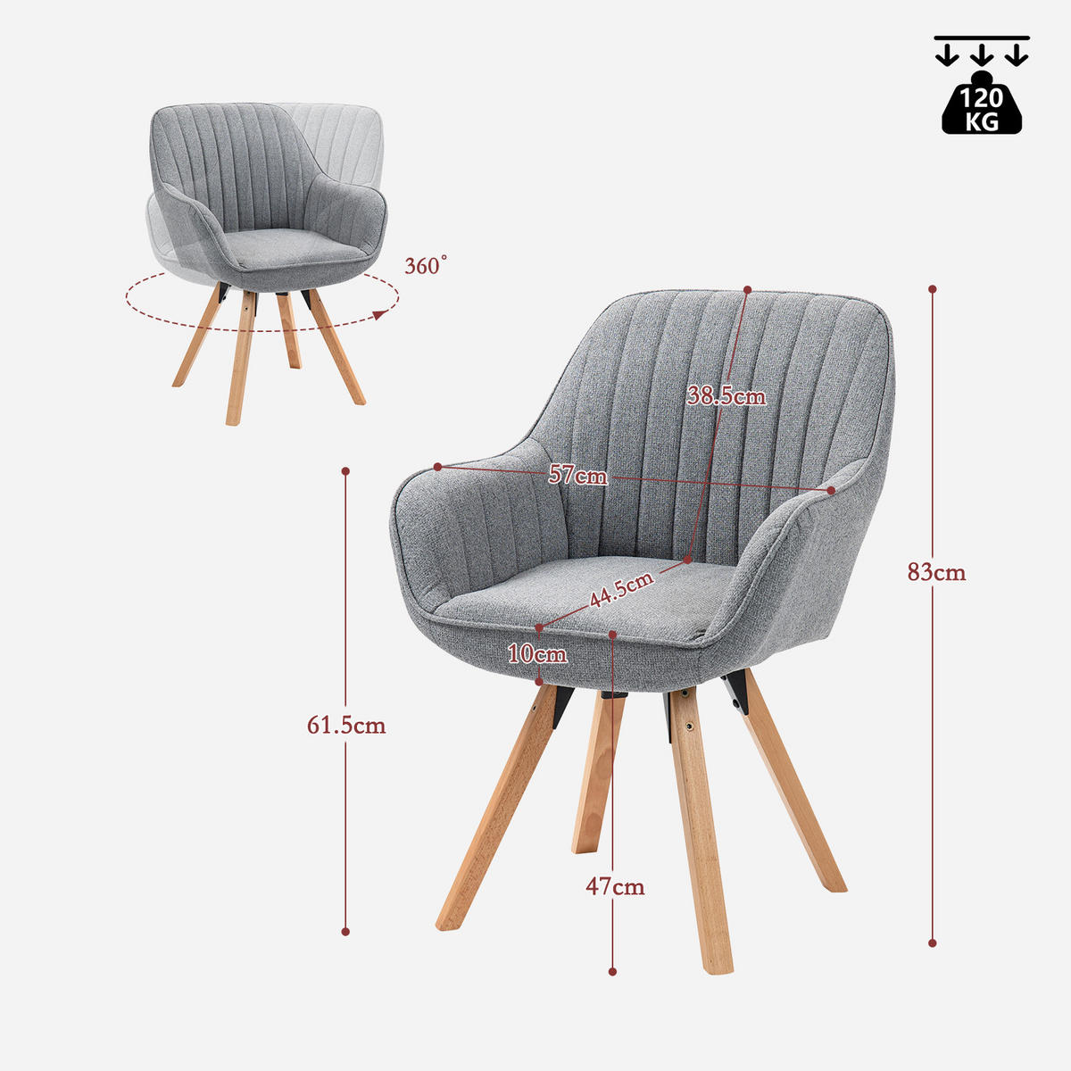 SKANDINAVISCHER Esszimmerstuhl mit Armlehnen, Drehbarer Polstersessel aus Stoff mit Massivholzbeinen – Beige - Kernbuche/Grau, Holz/Textil (38.5/84.5/45cm) - Meubles Cosy