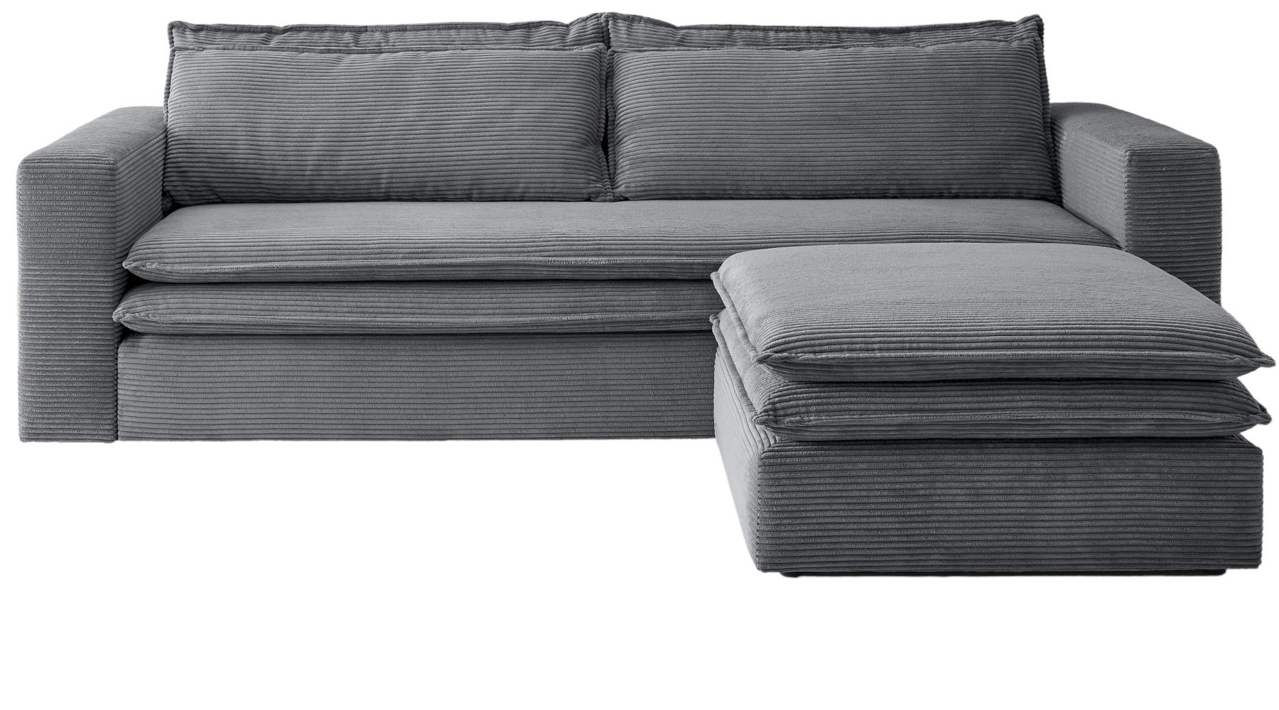 SOFA-SET grau Cord, Couch 3-Sitzer mit Bettfunktion inklusive Hocker - Beige/Grau, Holz/Textil (244/83/176cm) - Furn.Design